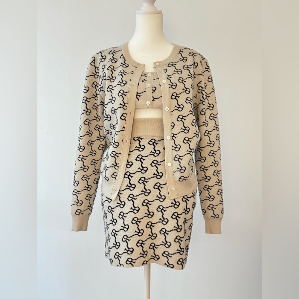 ROKH Monogram Merino Wool-blend Button Down Bra Top Cardigan Skirt Set Small